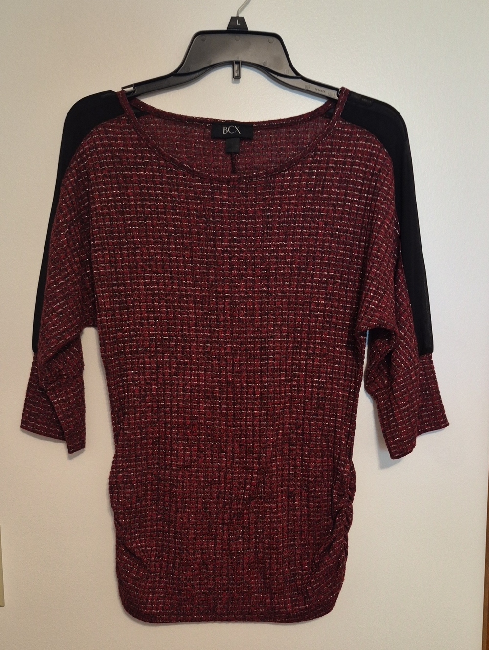 BCX Women's Maroon Knit Sweater with Black Shoulder Panels SZ L